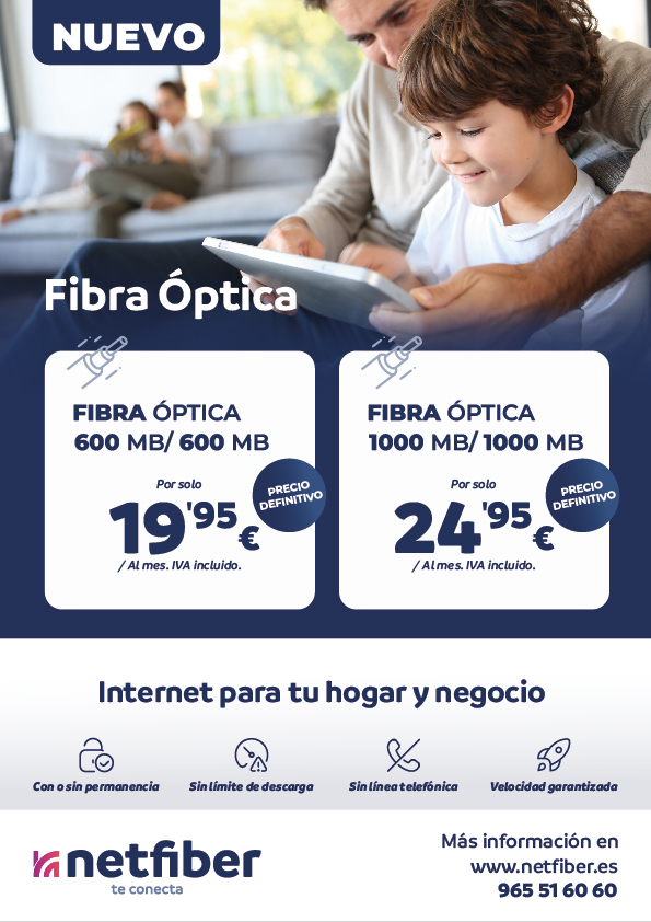 Fibra óptica Netfiber para hogares y negocios. Tarifas de fibra óptica y fibra más móvil de Netfiber en Bonalba. Flyer publicitario con las tarifas de fibra óptica y fibra + móvil de Netfiber en Bonalba. Planes desde 14,95€/mes con instalación rápida y sin permanencia.
