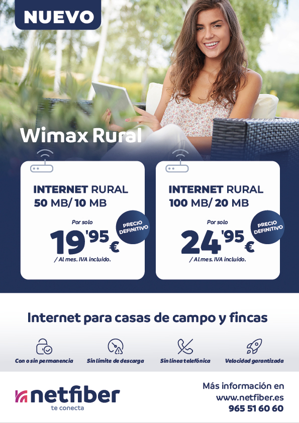 Internet rural Wimax Netfiber para casas de campo, fincas y zonas rurales con conexión rápida y estable. Internet Rural en Murcia con Netfiber. Tarifas de Internet Rural de Netfiber en Murcia: conexión de 50 Mb por solo 19,95 €/mes y packs combinados con móvil de 50 GB. Servicio sin permanencia, ideal para zonas rurales, casas de campo y urbanizaciones alejadas.