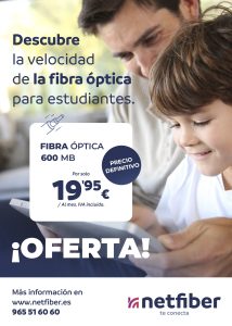 Flayer de fibra óptica de 600Mb simétrica. Descubre el mejor internet barato para estudiantes con Netfiber. Fibra óptica e Internet por 19,95€/mes, sin permanencia y con velocidad garantizada. Ideal para estudiar online y ahorrar cada mes.