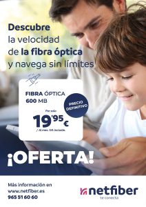 Fibra óptica 600 MB simétricos en Oferta. Oferta Fibra Óptica 600 Mb en Tibi por 19,95 € con Netfiber