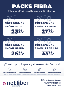 Packs de Fibra óptica 600 MB simétricos más líneas móviles en oferta. Packs Internet Fibra + Móvil en Tibi desde 23,99 € con Netfiber.