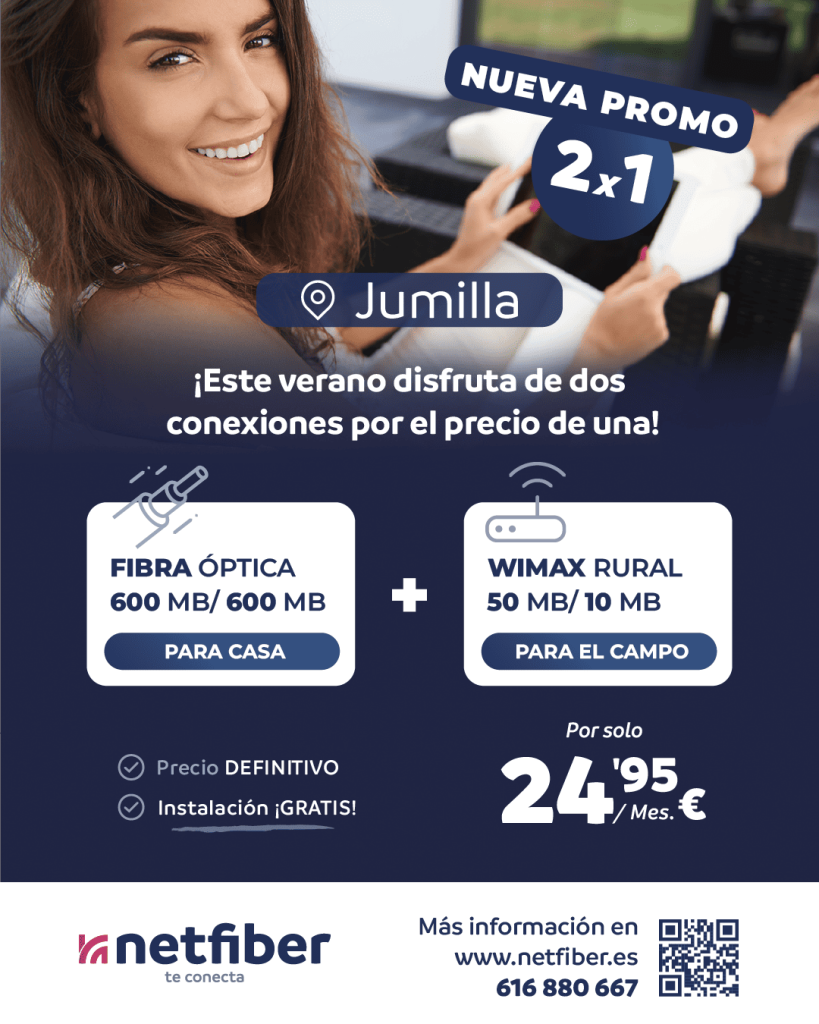 Promoción de Internet 2x1 en Jumilla con fibra óptica de 600 Mb para la vivienda y WiMAX de 50 Mb para la casa de campo por 24,95 € al mes.