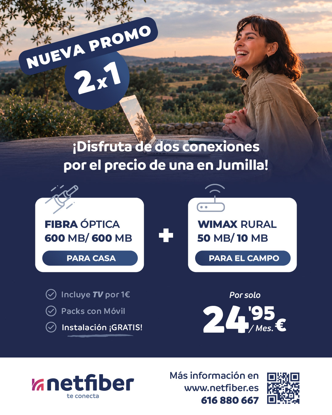 Oferta de Internet. Fibra óptica para tu hogar más conexión wimax rural para tu casa de campo por solo 24,95 € al mes.